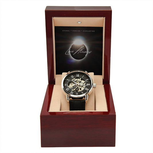 Men's Openwork Style Watch in Luxury Mohagany Box with Custom Message Card-White Background