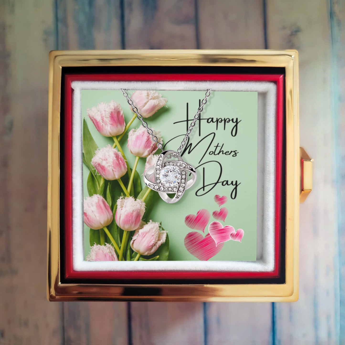 Love Knot Necklace (Happy Mothers Day) -Floral Green Modern Bkg - White Gold Finish with Rotating Rose Gift Box