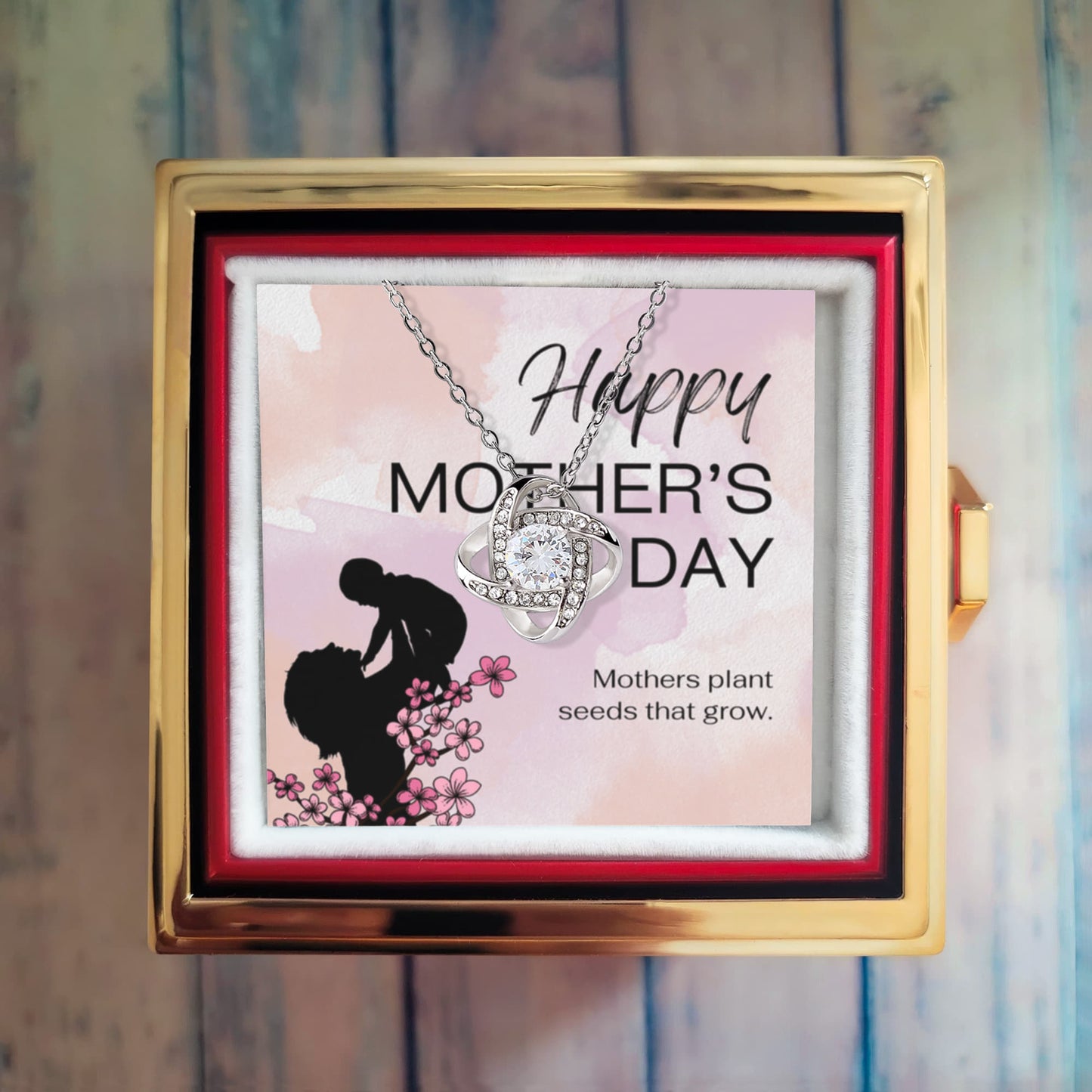 Love Knot Necklace (Happy Mother's Day) Pastel Pink Bkg - White Gold Finish with Rotating Rose Gift Box