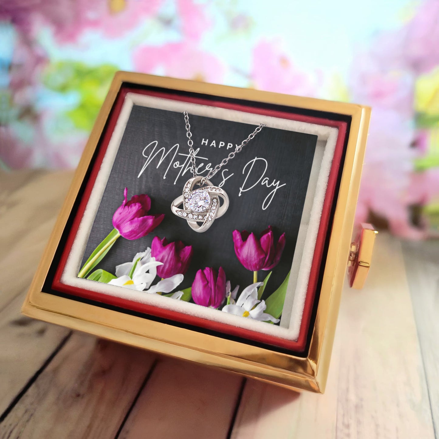 Love Knot Necklace (Happy Mother's Day) Floral Blk Bkg - White Gold Finish with Rotating Rose Gift Box