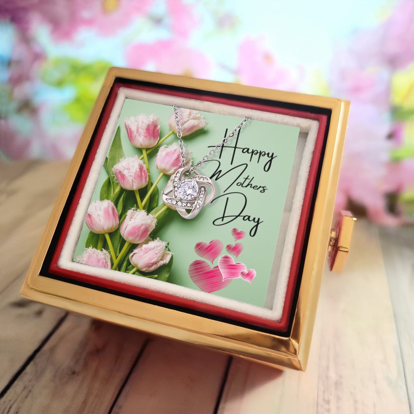 Love Knot Necklace (Happy Mothers Day) -Floral Green Modern Bkg - White Gold Finish with Rotating Rose Gift Box