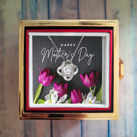Love Knot Necklace (Happy Mother's Day) Floral Blk Bkg - White Gold Finish with Rotating Rose Gift Box