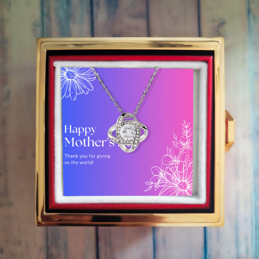 Love Knot Necklace (Happy Mother's Day): Giving Us The World - Pink Blue Gradient - White Gold Finish with Rotating Rose Gift Box