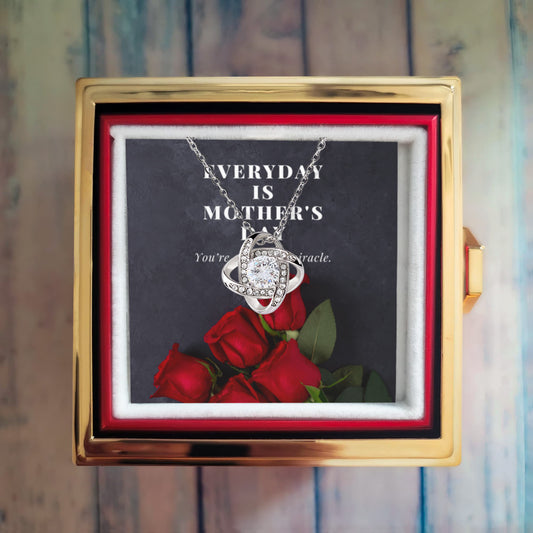 Love Knot Necklace (Everyday Is Mother's Day) Black Bkg w/Red Roses - White Gold Finish with Rotating Rose Gift Box