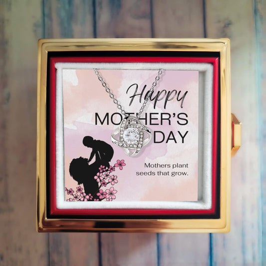 Love Knot Necklace (Happy Mother's Day) Pastel Pink Bkg - White Gold Finish with Rotating Rose Gift Box