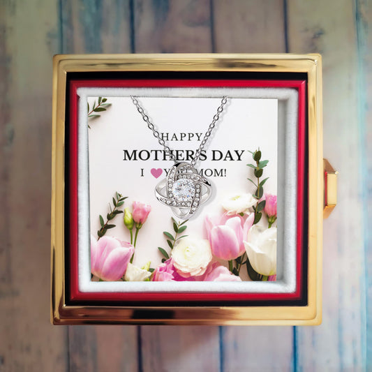 Love Knot Necklace (Happy Mother's Day) Pink Floral - White Gold Finish with Rotating Rose Gift Box
