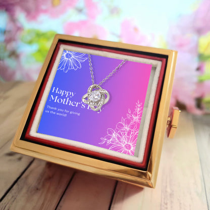 Love Knot Necklace (Happy Mother's Day): Giving Us The World - Pink Blue Gradient - White Gold Finish with Rotating Rose Gift Box