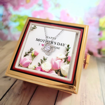 Love Knot Necklace (Happy Mother's Day) Pink Floral - White Gold Finish with Rotating Rose Gift Box
