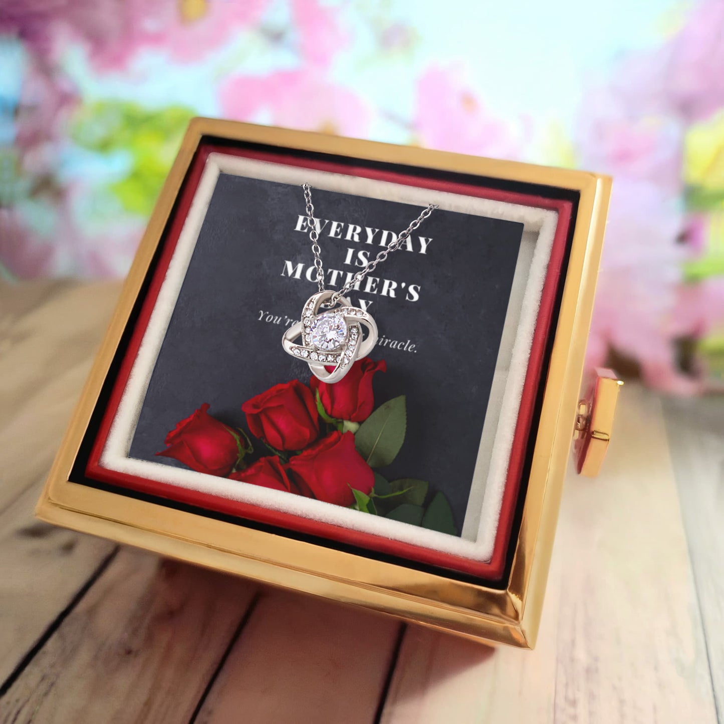 Love Knot Necklace (Everyday Is Mother's Day) Black Bkg w/Red Roses - White Gold Finish with Rotating Rose Gift Box